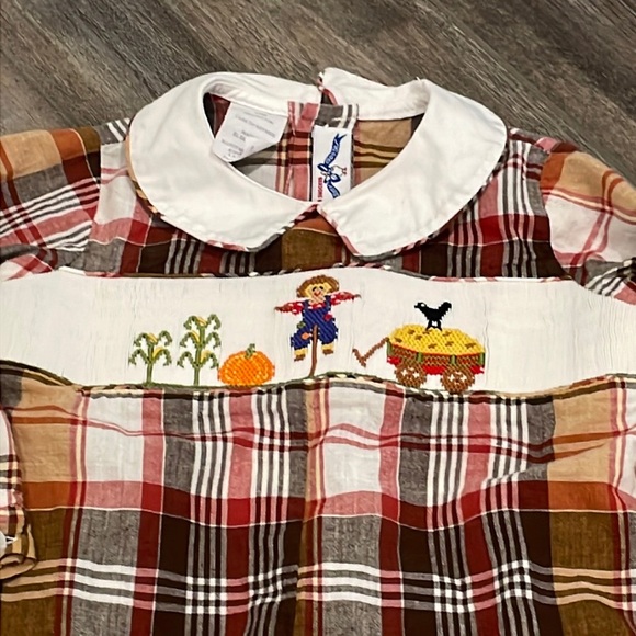 Smocked Silly Goose Fall Scarecrow Pumpkin Plaid Outfit 12 months - Picture 2 of 5